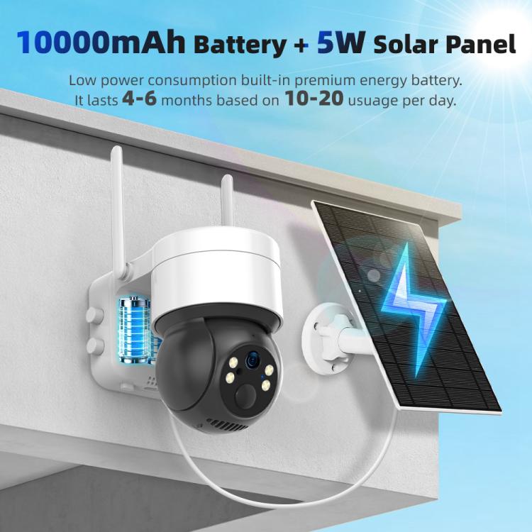 Outdoor solar PTZ camera with 10000mAh battery and 5W solar panel, white dome housing