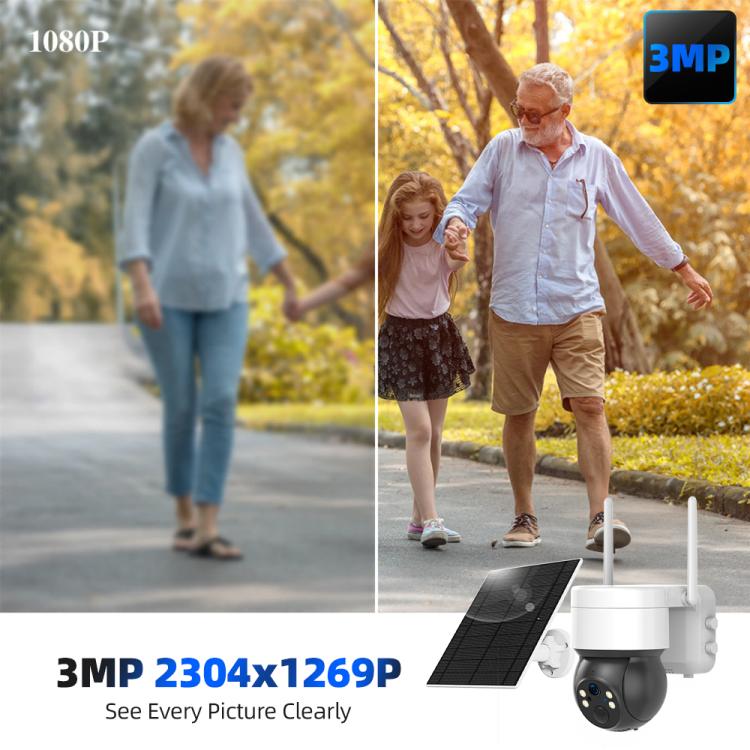 Solar outdoor PTZ security camera with 3MP lens, white dome body, solar panel, and antennas