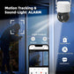 Solar PTZ security camera with motion tracking and sound-light alarm, white dome housing