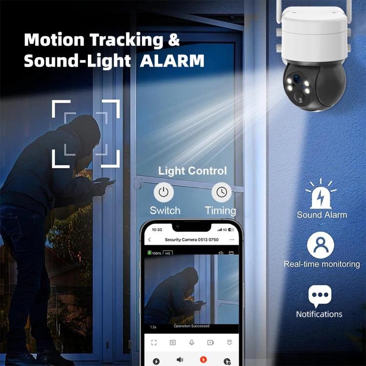 Solar PTZ security camera with motion tracking and sound-light alarm, white dome housing