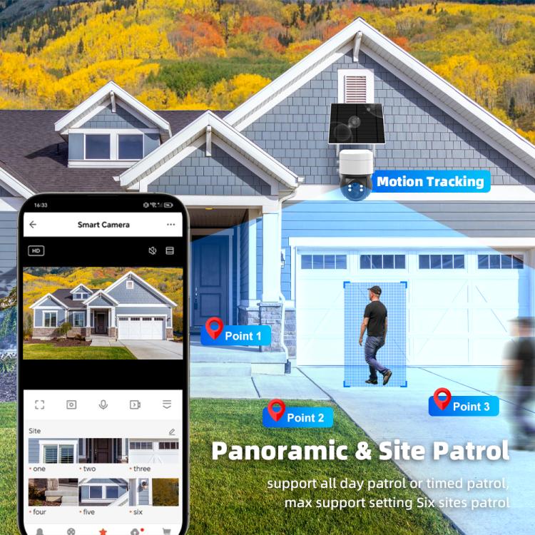 Solar outdoor PTZ security camera for panoramic site patrol, white dome housing and antennas