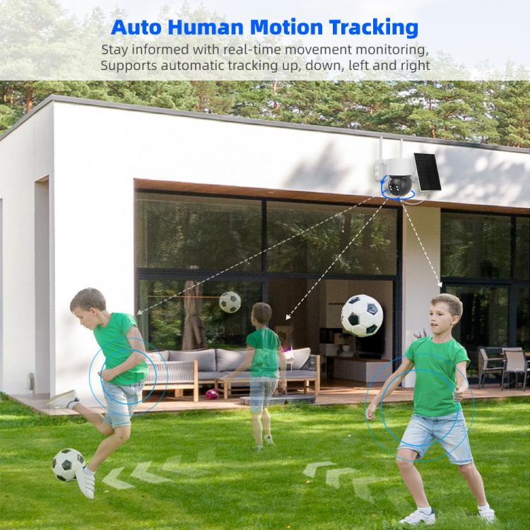 Solar PTZ security camera with auto human motion tracking, white dome housing and antennas