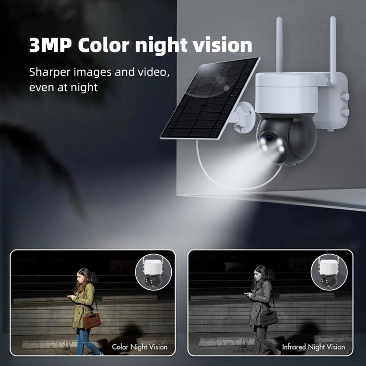 Solar PTZ security camera with 3MP color night vision, white dome body and solar panel