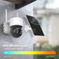 IP65 weatherproof solar PTZ security camera with white dome housing, solar panel, and antennas