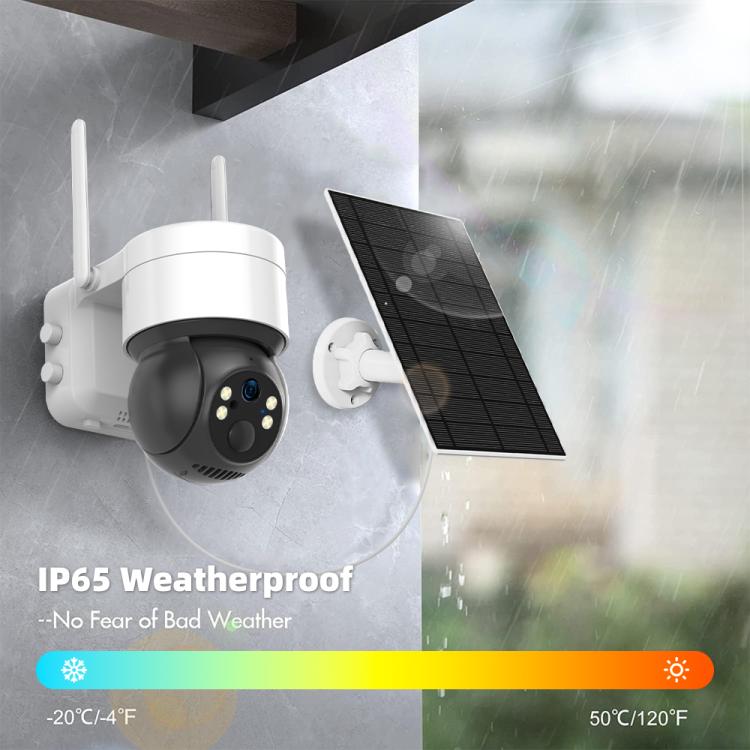 IP65 weatherproof solar PTZ security camera with white dome housing, solar panel, and antennas