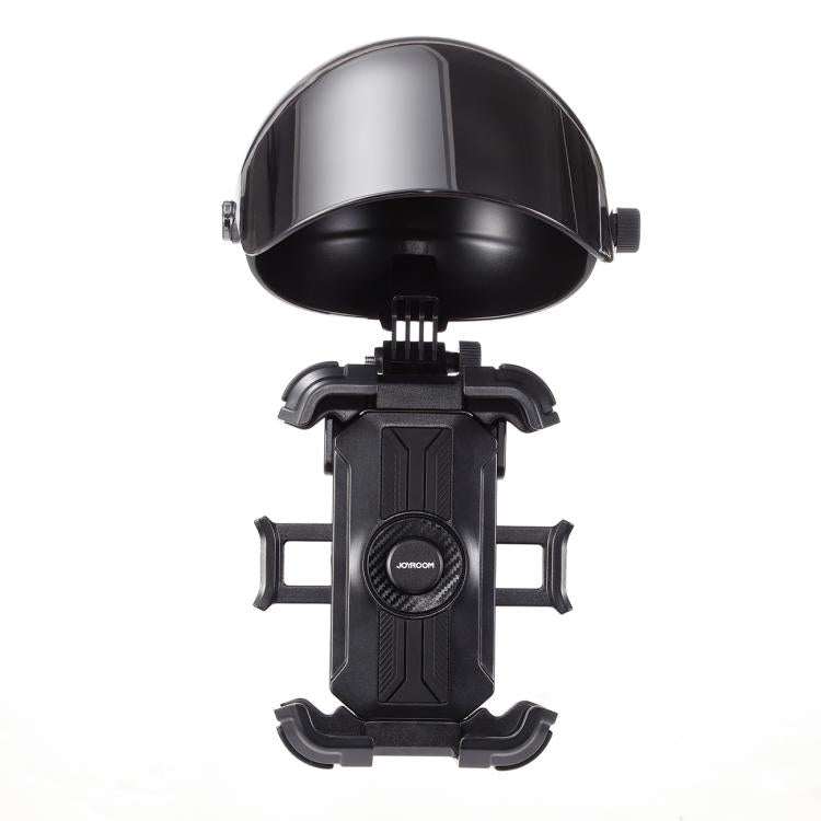 Black sunshade cycling phone holder mount, front view with clear shield