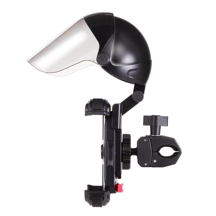 Black sunshade cycling phone holder with side clamp and tilting arm