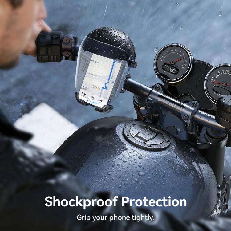 Sunshade phone holder on wet motorcycle handlebar with mounted smartphone
