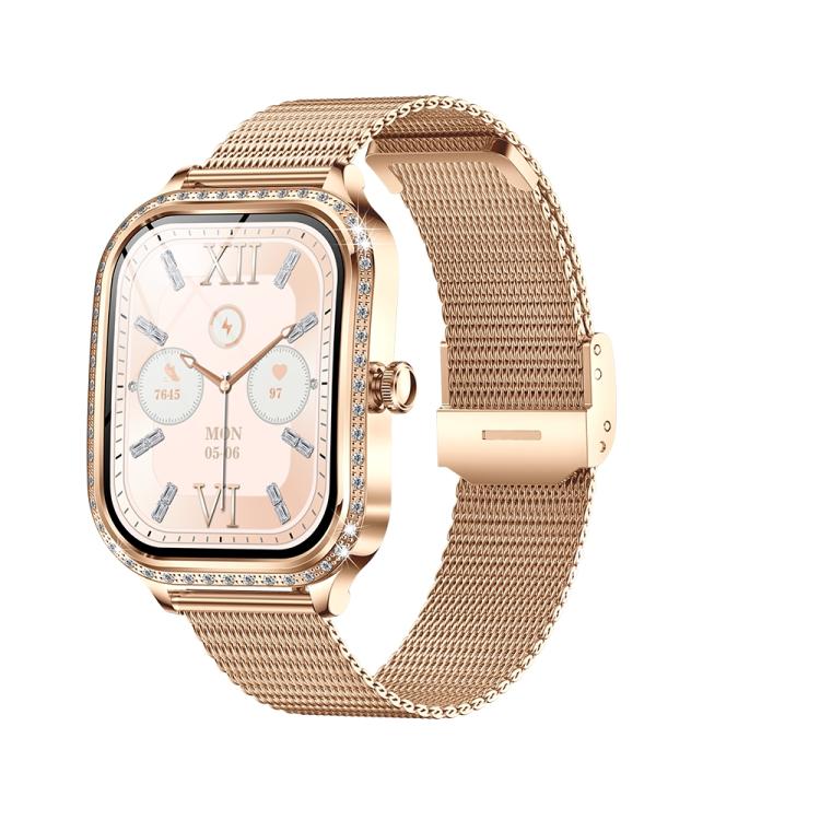 Gold-tone smartwatch with a crystal-accented case, pale dial, and woven metal mesh band