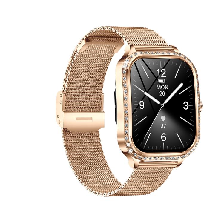 Gold-tone smartwatch with a black display, crystal-accented case, and metal mesh band