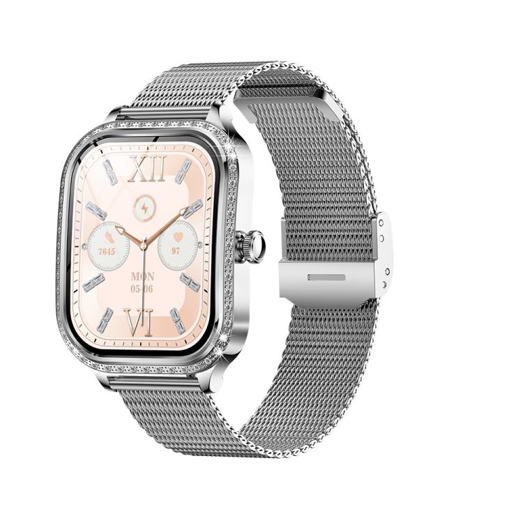 Silver-tone smartwatch with a crystal-accented case, pale dial, and woven metal mesh band