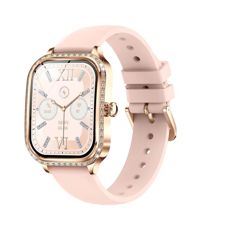 Gold-tone smartwatch with a crystal-accented case and pale pink silicone band