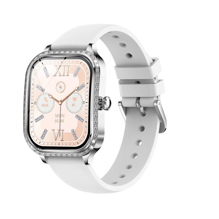 Silver-tone smartwatch with a crystal-accented case and white silicone band