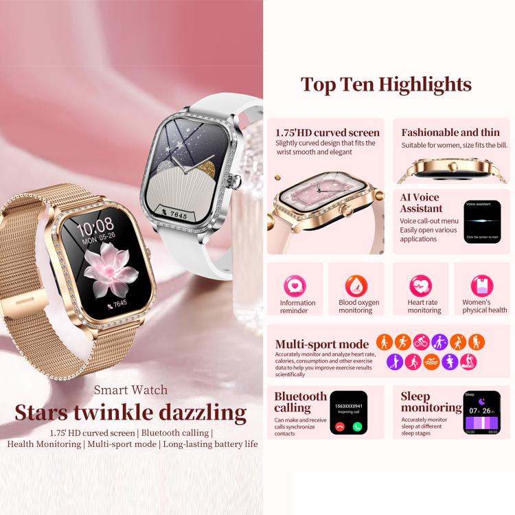 Smartwatch shown with gold and silver metal mesh bands and interchangeable watch faces