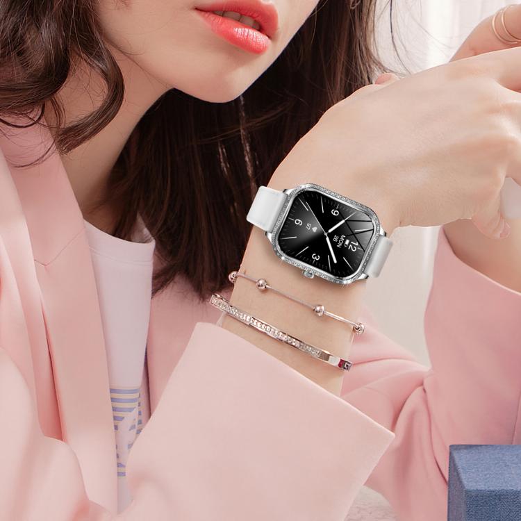QS01 smartwatch with silver case, white strap, and black analog-style watch face