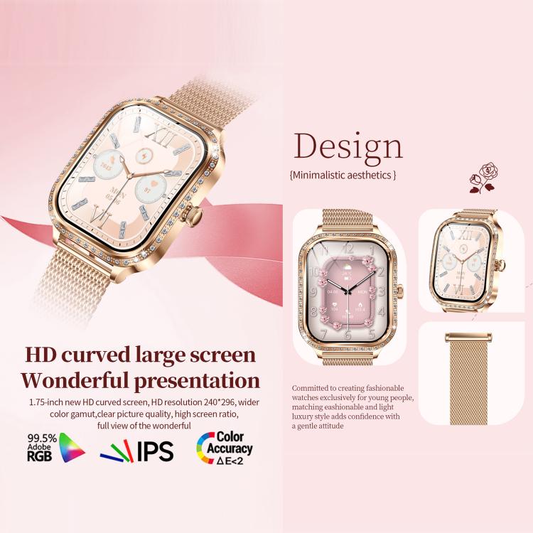 Smartwatch with a gold-tone mesh band, crystal-accented case, and large curved display
