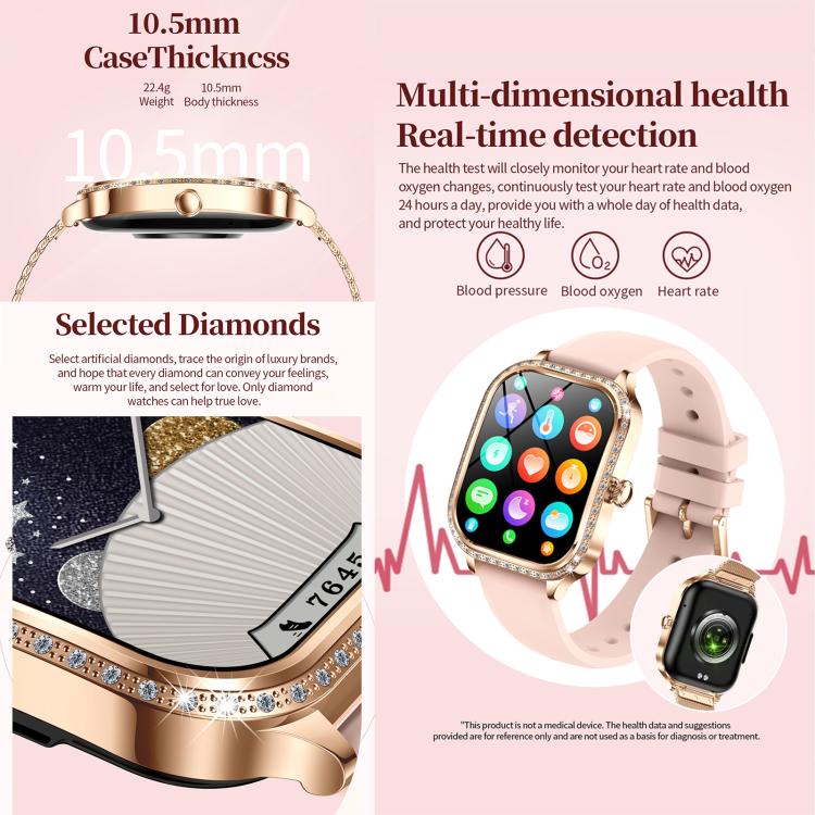 QS01 smartwatch with gold-tone case, jeweled bezel, pink silicone strap, and health icons on screen