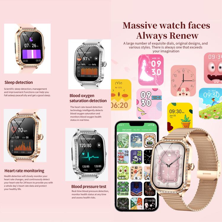 QS01 smartwatch with gold mesh strap, pink analog-style face, and a grid of alternate watch faces
