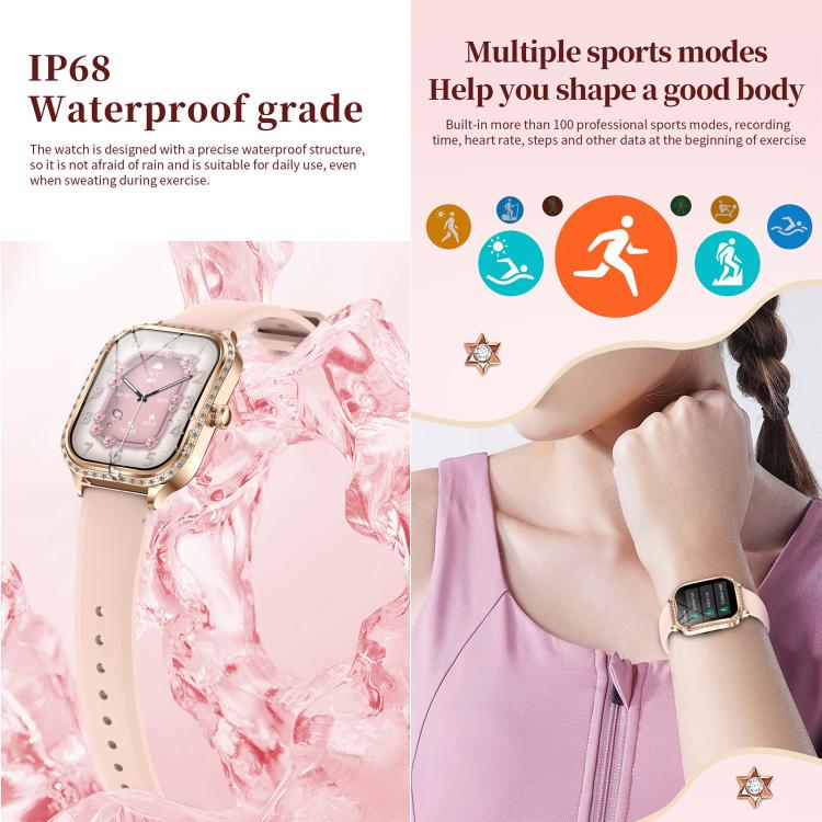 Smartwatch with a rose-gold case, pale pink band, and water-resistant design