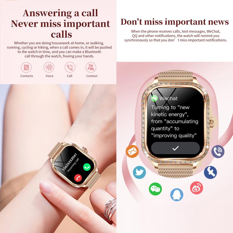 Gold-tone smartwatch with a mesh band displaying an incoming call and message notifications