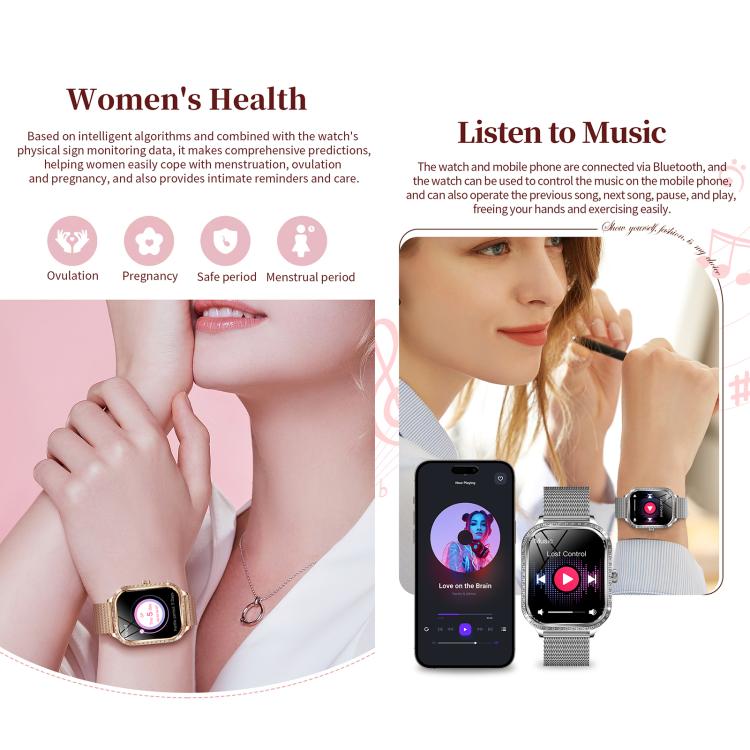 QS01 smartwatch with silver mesh strap and music controls displayed on its screen