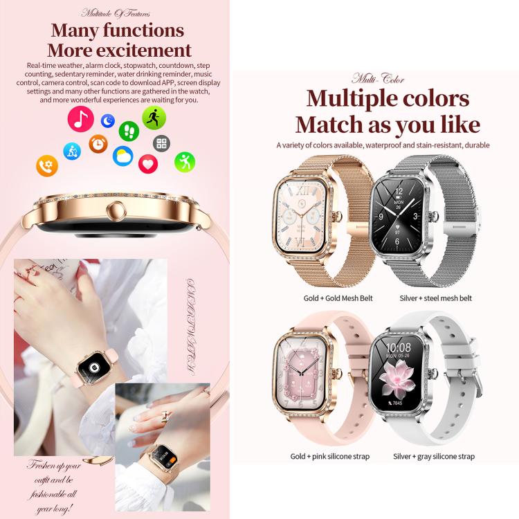 QS01 smartwatch shown with gold and silver mesh and silicone strap options