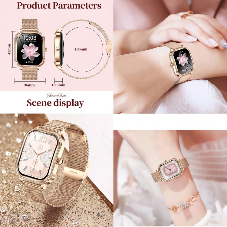 QS01 smartwatch with gold mesh strap, shown with its 36 mm case and 10.5 mm thickness