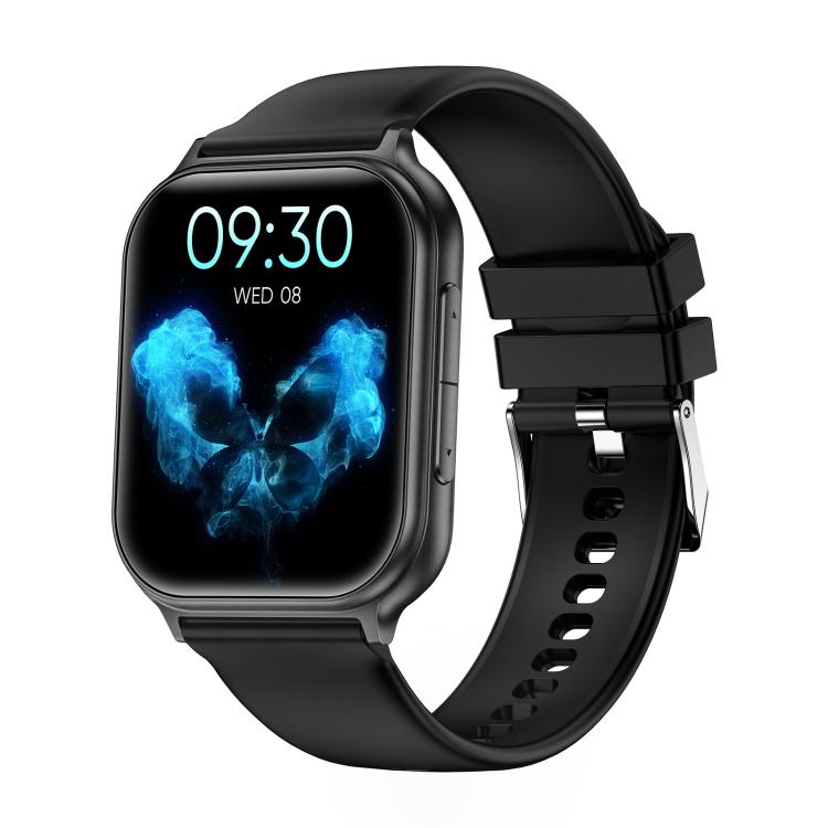 Black T15 smartwatch with a rectangular screen and adjustable silicone strap.