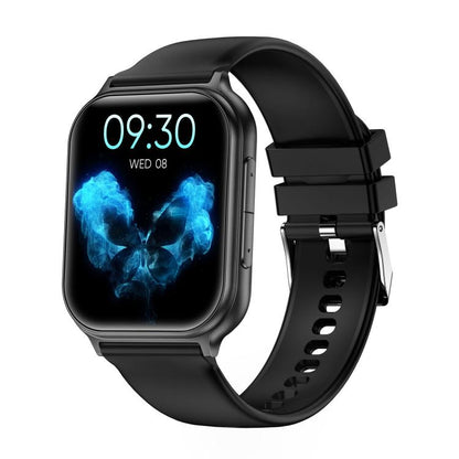 Black T15 smartwatch with a rectangular screen and adjustable silicone strap.