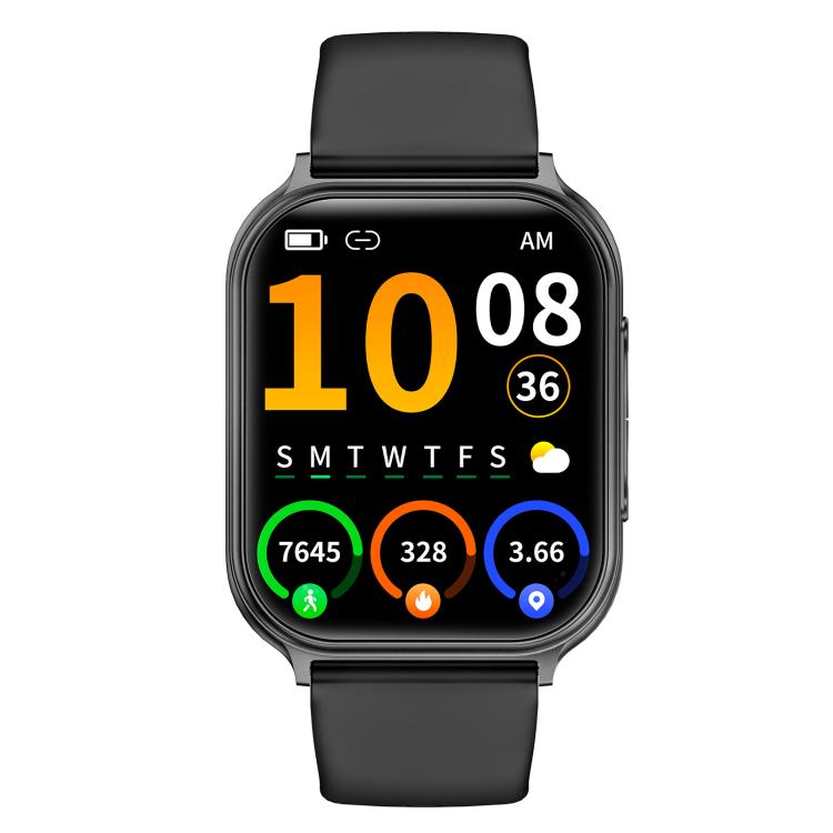 Black T15 smartwatch with a rectangular color display and silicone strap.