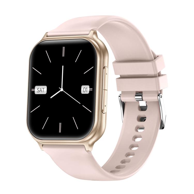 Rose gold T15 smartwatch with a pale pink strap and analog-style watch face.