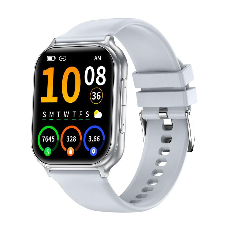 Silver T15 smartwatch with a light gray strap and color activity display.