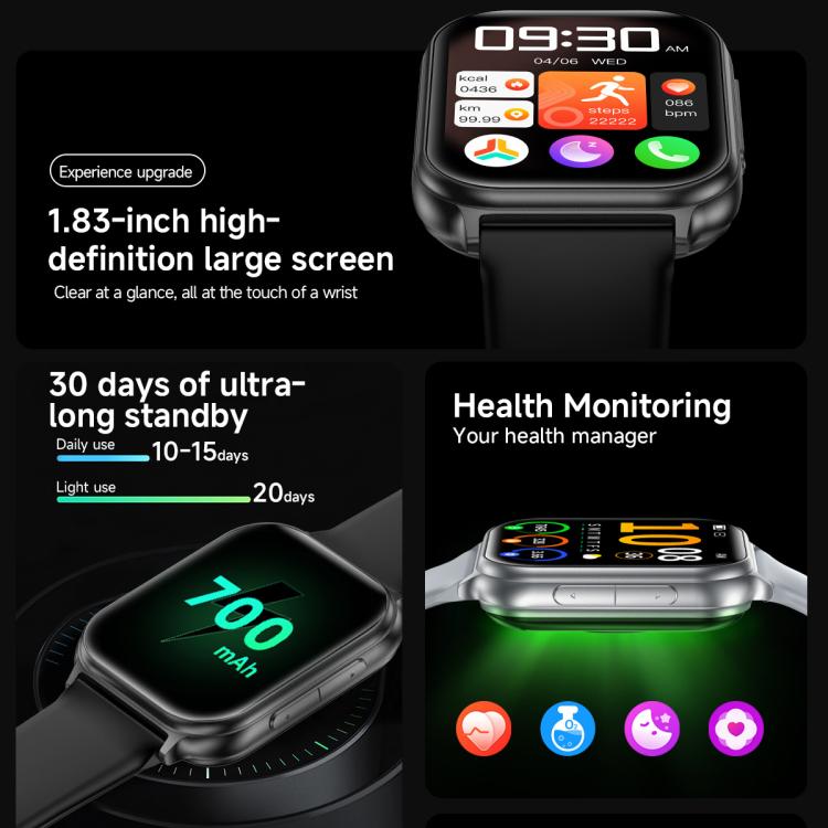 T15 smartwatch featuring a large display, health monitoring, and battery life information.