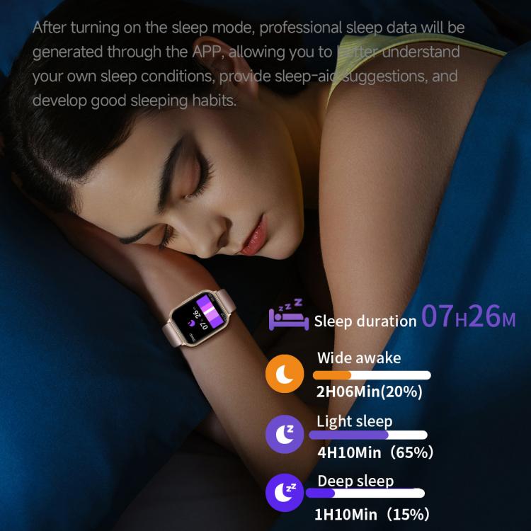 Rose gold smart watch displaying sleep tracking data, worn while sleeping