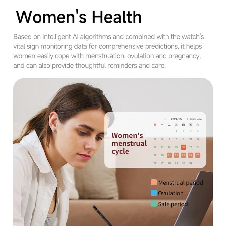Smart sports watch with women's health cycle tracking and calendar features