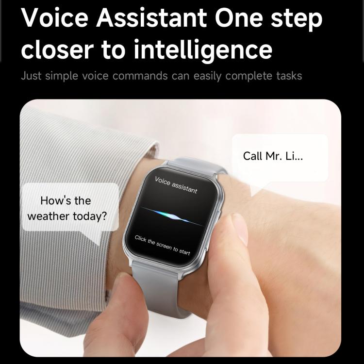 Silver smart sports watch with voice assistant screen, worn on a wrist