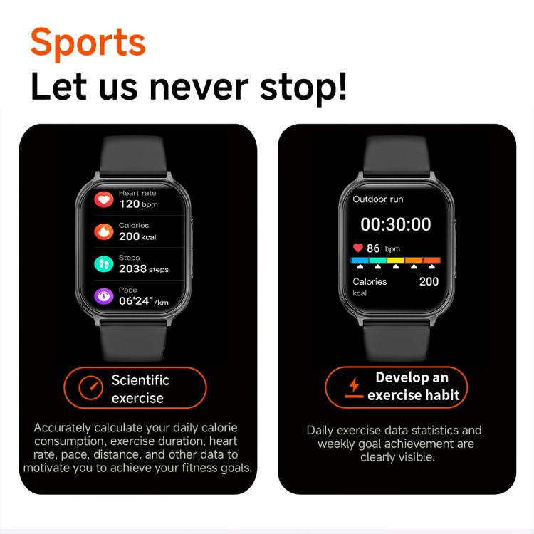 Black smart sports watch showing heart rate, calories, steps, and running data
