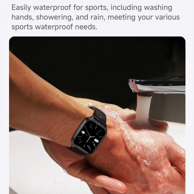 Black smart sports watch worn while washing hands under running water
