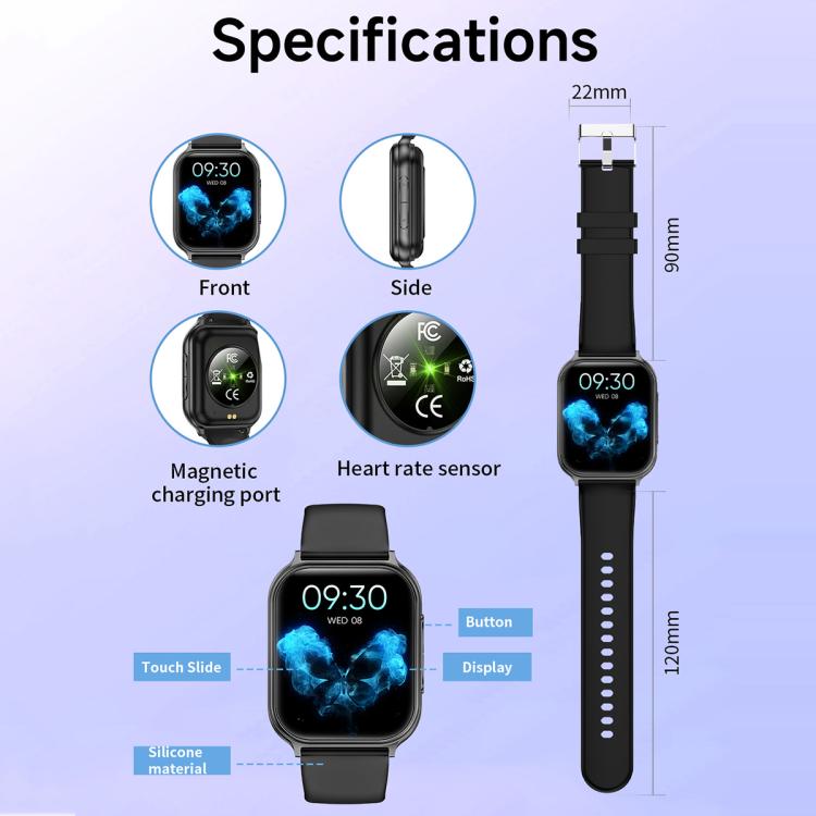Black T15 sports smartwatch with rectangular display, silicone strap, magnetic charging port, and heart rate sensor.