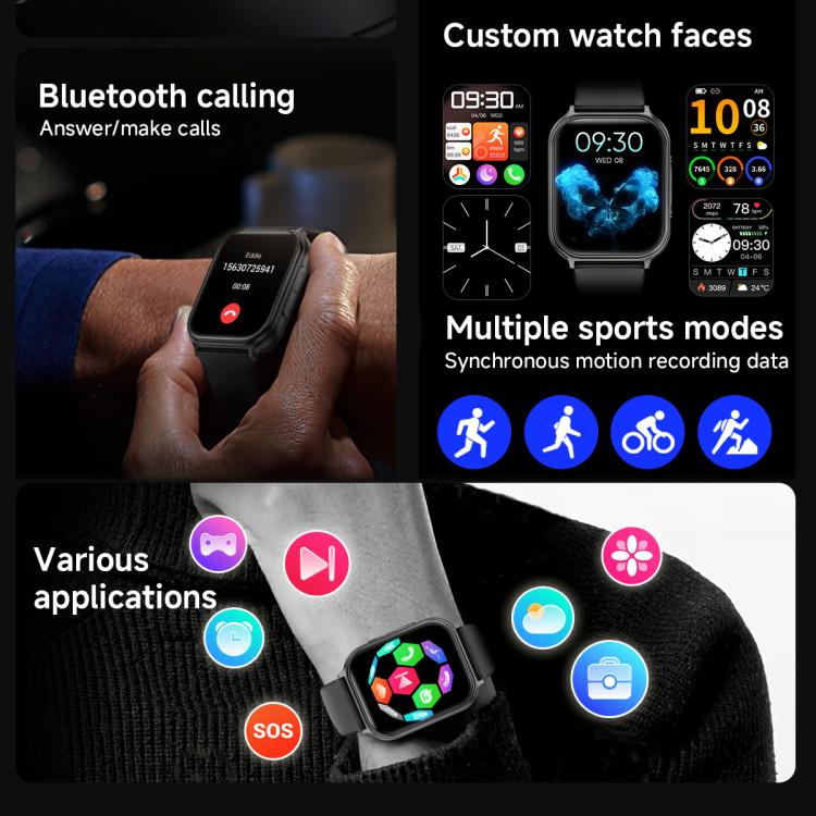 T15 smartwatch feature collage showing calls, custom watch faces, sports modes, and apps.