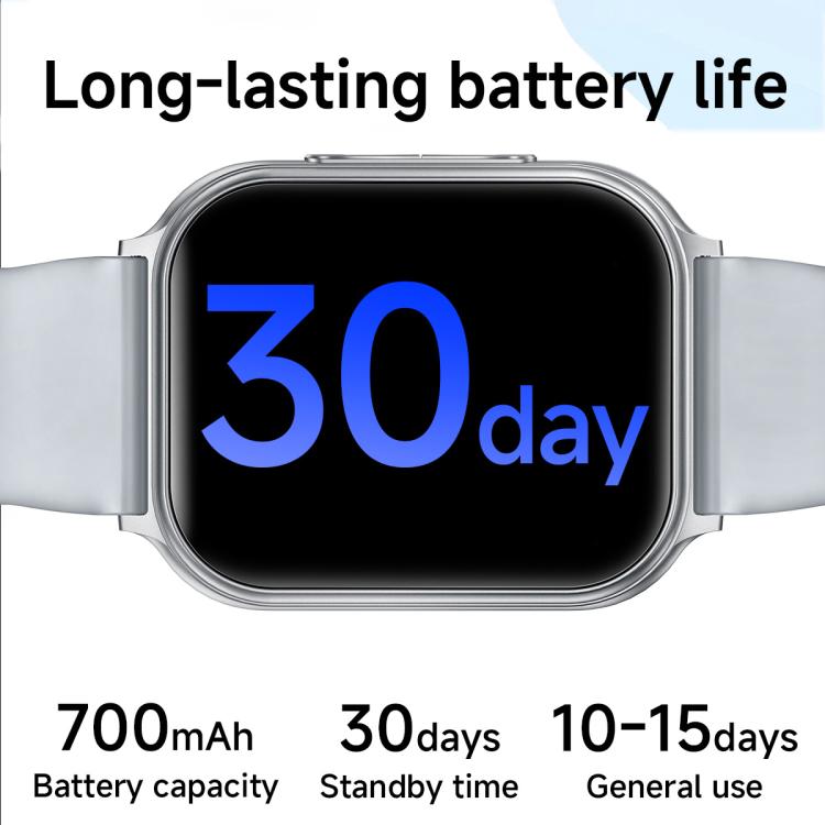 Silver T15 smartwatch shown with 700 mAh battery capacity and battery life details.