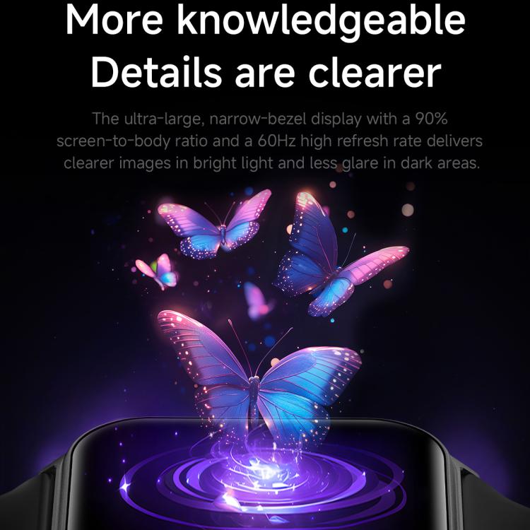 T15 smartwatch display shown beneath a vivid butterfly graphic.