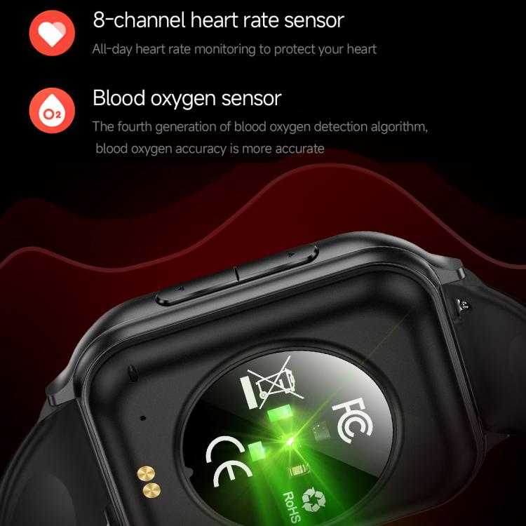 T15 smartwatch rear with optical sensor and charging contacts.