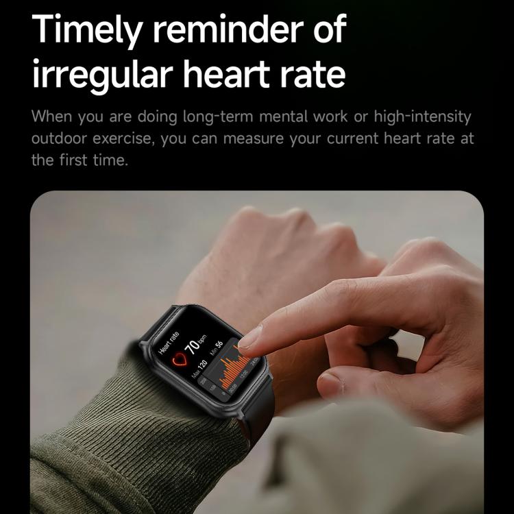 Black smart sports watch displaying heart rate data, worn on a wrist