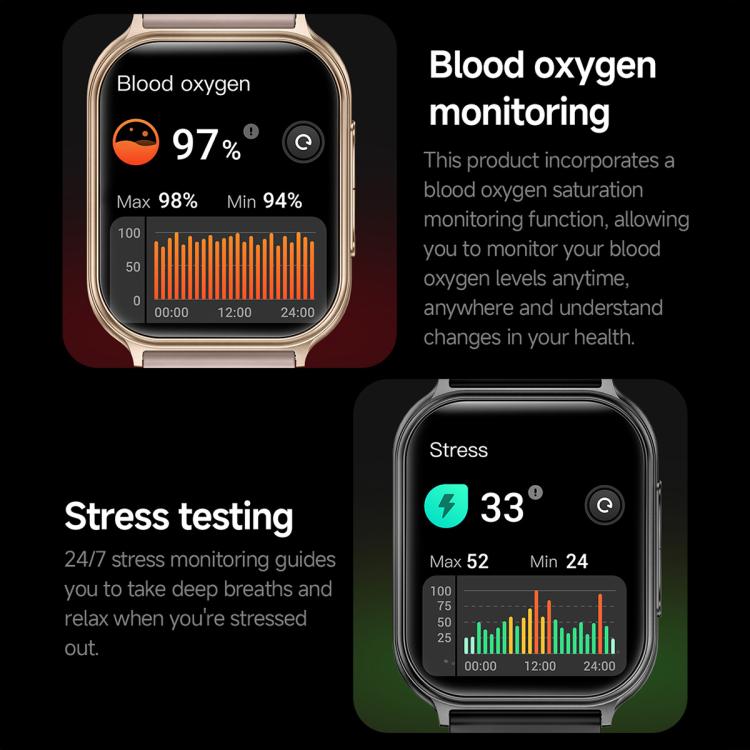 Smart sports watch showing blood oxygen and stress monitoring data