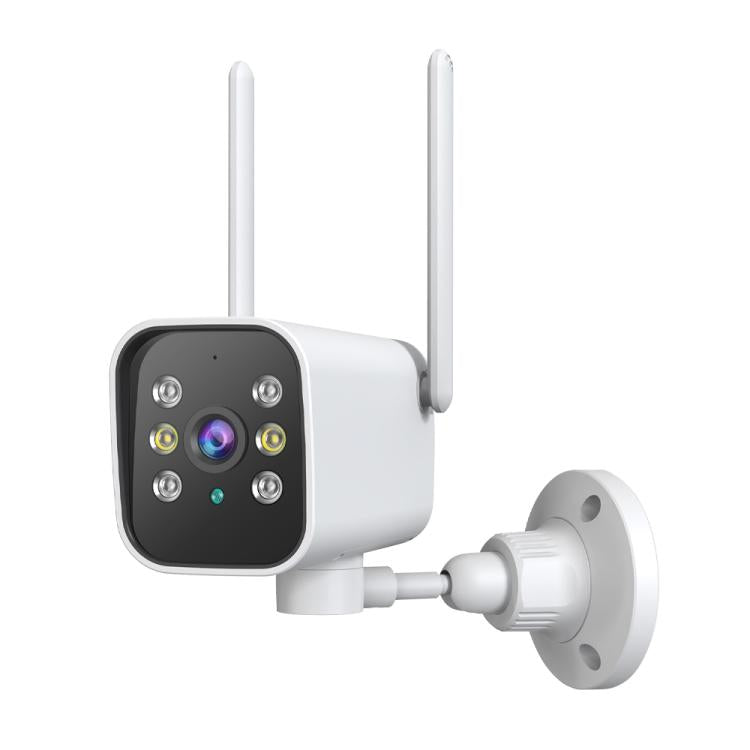 Outdoor PTZ security bullet camera with two antennas and wall mount, white body