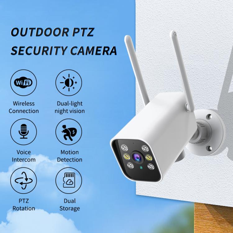 Outdoor PTZ security camera mounted on a wall bracket, white housing and antennas