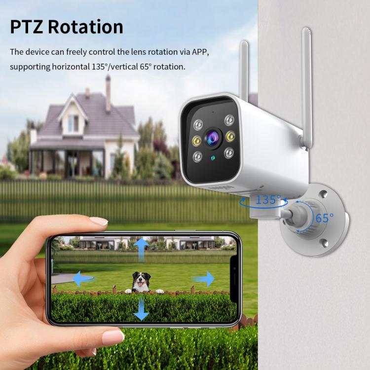 Outdoor PTZ security camera with phone controlling PTZ rotation, white housing