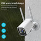 Weatherproof outdoor PTZ security camera with dual antennas, raindrops on white body