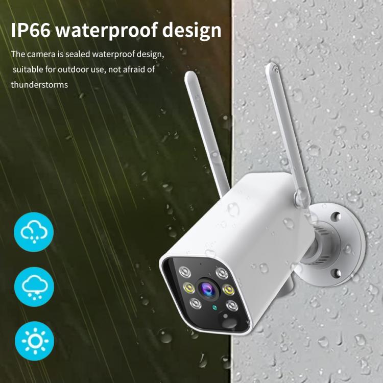 Weatherproof outdoor PTZ security camera with dual antennas, raindrops on white body